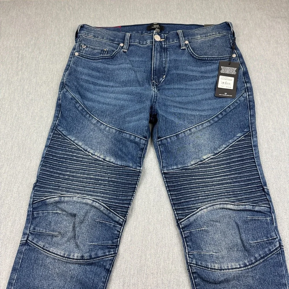 True Religion Jeans Mens 34X32 Blue Rocco Relaxed Moto‎ Skinny Blizzard Wash NWT